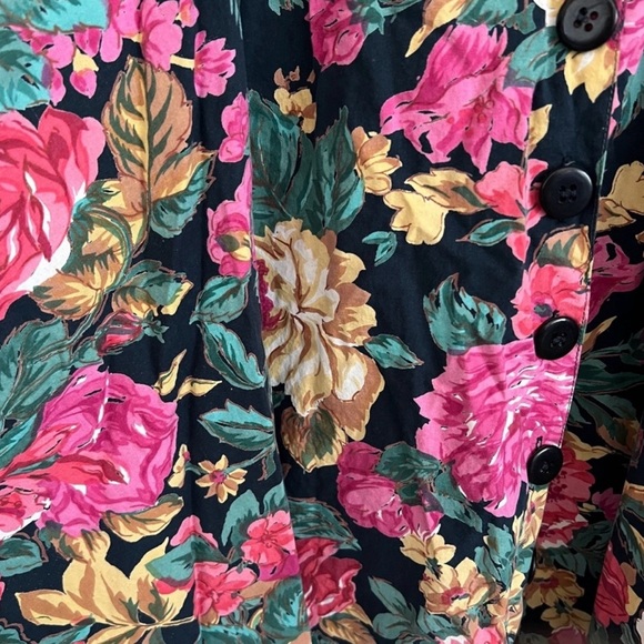 Vintage 90s Floral Button Front Dress Starina Medium Black Fit Flare Cottagecore - Picture 5 of 11